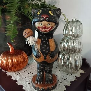 Vtg Halloween Bethany Lowe Black Cat Paper Mache Figure Trick Treat  13" Clown